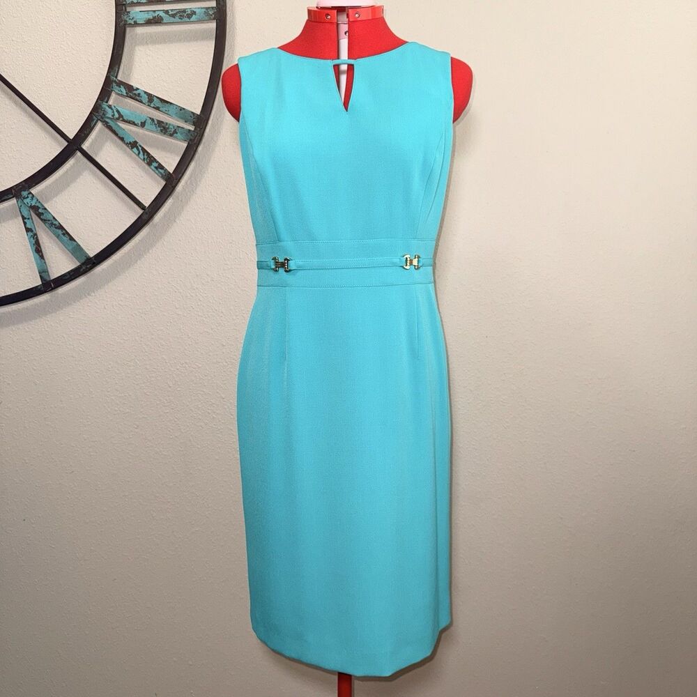 Tahari ASL Sheath Dress Size 8 Teal Green Sleeveless Lined Gold Details EUC